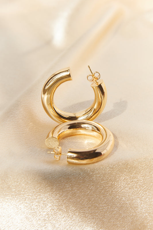 Amy Hoops – 18k gold-filled earrings on satin backdrop